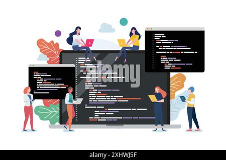 People with coding on laptop screen. Concept of computer programming or developing software or game. Vector flat illustration with coding, Java, HTML, Stock Vector
