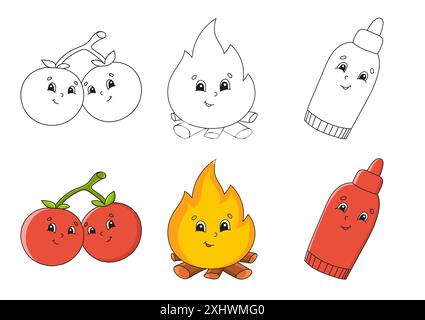 Set coloring page for kids. Cute cartoon characters. Black stroke. With sample. Vector illustration. Barbecue theme. Stock Vector