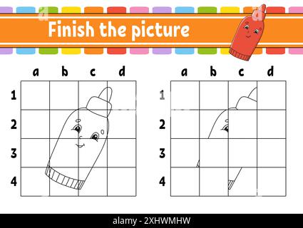 Finish the picture. Coloring book pages for kids. Education developing worksheet. Game for children. Handwriting practice. cartoon character. Vector i Stock Vector