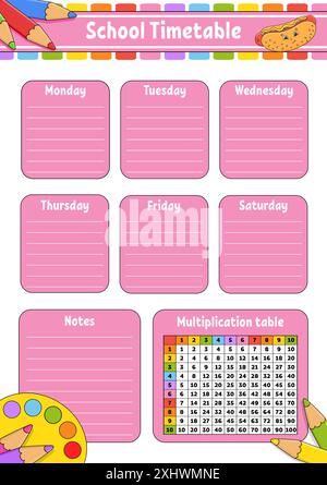 School timetable with multiplication table. For the education of children. Isolated on a white background. With a cute cartoon character. Stock Vector