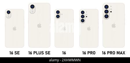 Iphone 16 design. 16, pro, plus, SE, Apple mockup. Back side of the phone. Deep white color by Apple Inc. Mock-up screen iphone and back side iphone. Stock Vector