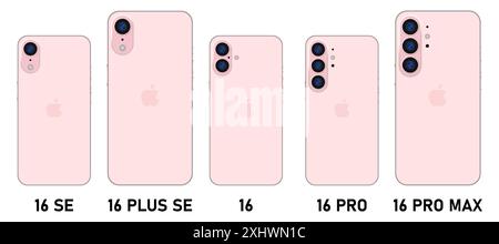 Iphone 16 design. 16, pro, plus, SE, Apple mockup. Back side of the phone. Deep pink color by Apple Inc. Mock-up screen iphone and back side iphone. H Stock Vector
