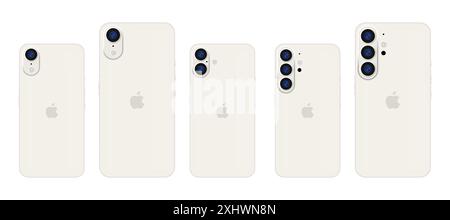 Iphone 16 design. 16, pro, plus, SE, Apple mockup. Back side of the phone. Deep white color by Apple Inc. Mock-up screen iphone and back side iphone. Stock Vector