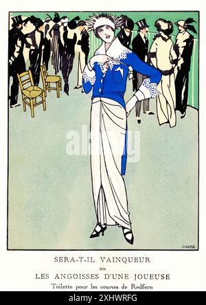 GOSÉ  Javier  -  Sera-t-il vainqueur ou Les Angoisses d'une Joueuse, Gazette du Bon Ton, 1920. - Art Nouveau vintage print Stock Photo