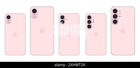 Iphone 16 design. 16, pro, plus, SE, Apple mockup. Back side of the phone. Deep pink color by Apple Inc. Mock-up screen iphone and back side iphone. H Stock Vector