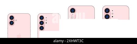 Iphone 16 design. 16, pro, plus, SE, Apple mockup. Back side of the phone. Deep pink color by Apple Inc. Mock-up screen iphone and back side iphone. H Stock Vector