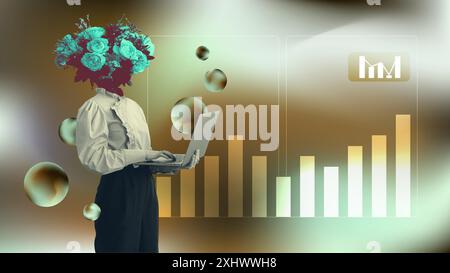 Business analytics concept collage art. Woman in formal office outfit and flower head analyzing bar chart data from laptop. Vintage blurred gradient Stock Vector