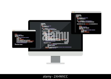 Concept of computer programming or developing software or game. Vector flat illustration with coding, Java, HTML, symbols and programming windows. Inf Stock Vector