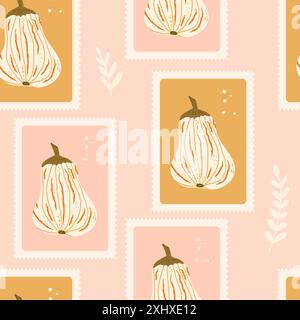 White pumpkin checked seamless pattern. Bento box autumn harvest repeat background. Halloween retro butternut squash stamps endless design. Vector han Stock Vector