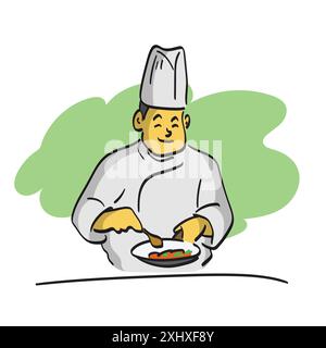 male chef wearing a white uniform and wearing a hat cooking food illustration vector isolated on white background Stock Vector