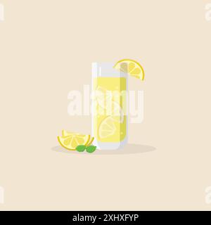 Glass of Fresh Lemon Juice with Lemon Slices and Mint Leaves. Summer Beverage. Cartoon Glass of Lemonade Vector Illustration. Stock Vector