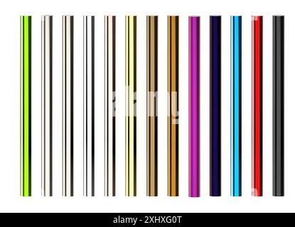 3d rendering set of multi color or shades of metal pipes isolated on white Stock Photo