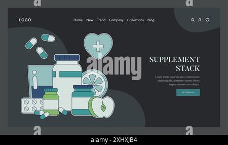 Biohacking concept. An assortment of supplements and pills on a digital interface emphasizing personal health optimization. Vector illustration. Stock Vector