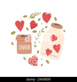 Charity circular emblem isolated on white background. Donation box and heart shapes decoration round label composition. Vector hand drawn illustration Stock Vector