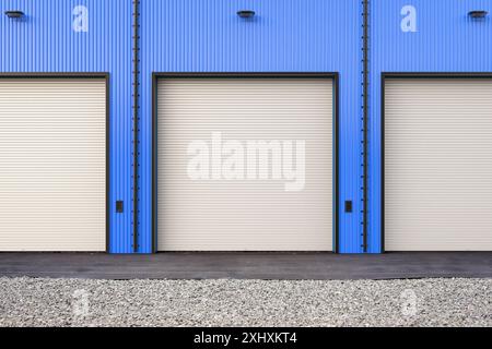 3d rendering blue warehouse exterior with shutter doors Stock Photo