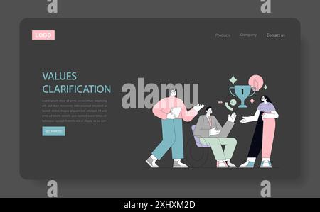 Corporate ethics and values clarification concept. Diverse professionals engage in a discussion with symbolic elements. Modern corporate identity discussion. Vector illustration. Stock Vector