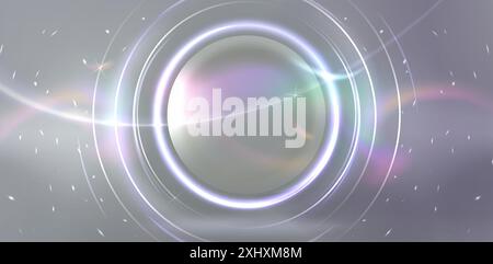 White neon light halo effect. Vector realistic illustration of banner background with abstract round frame, shiny particles sparkling around magic energy portal, solar eclipse, holographic aura flare Stock Vector