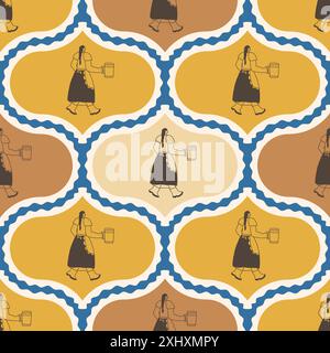 Oktoberfest female character in traditional clothes damask seamless pattern. Vector hand drawn illustration. Stock Vector