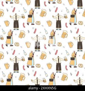 Beer lovers seamless pattern. Doodle characters with alcohol drinks endless background. Oktoberfest continuous cover. Vector hand drawn doodle illustr Stock Vector