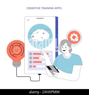 Neuroplasticity concept. An illustration showcasing a person using a brain training app for cognitive enhancement. Digital learning and mental development. Vector illustration. Stock Vector