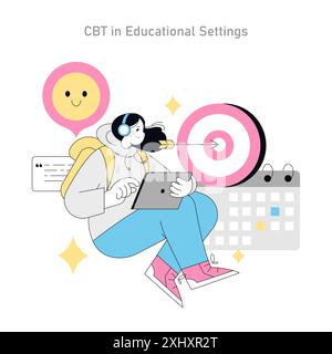 Cognitive Behavioral Therapy concept. A student engages in CBT practices with digital tools in an educational setting. Targeting positive mindset and goals. Vector illustration. Stock Vector