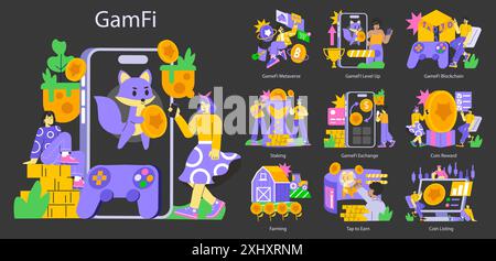 GameFi concept set. Gamers interacting with various elements of the blockchain gaming ecosystem. Cryptocurrency, staking, farming in a playful digital world. Vector illustration. Stock Vector