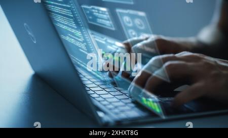 Software Programmer Working on Computer, Engineering Neural Network, Creating Machine Learning App, Doing Big Data Analysis, and Optimizing AI. Edited Hologram Overlayes Screen. Focus on Hands Stock Photo
