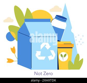 Circular Economy concept. Illustration of recycling symbol on products among nature elements. Promoting sustainability and waste reduction. Vector illustration. Stock Vector