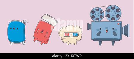 Cute kawaii cinema mascots set isolated on background. Contemporary vector cartoon illustration of soda can, ticket, popcorn in 3d glasses, vintage camera characters with faces, entertainment emoji Stock Vector