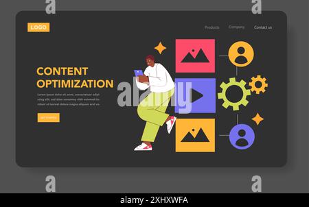 Digital Strategy illustration. A professional fine-tuning online content among engaging UI elements, depicting efficiency in digital marketing. Vector illustration. Stock Vector