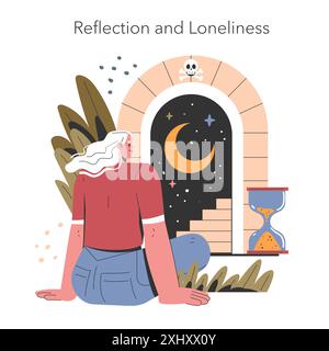 Euthanasia concept illustration. A person reflects on end-of-life choices amidst symbols of time and mortality. Peaceful contemplation. Vector illustration. Stock Vector