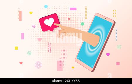 Hand points to reaction like from smartphone screen. Smm strategy. Social media algorithm. Influence and popularity. Contemporary pop art collage. Stock Vector
