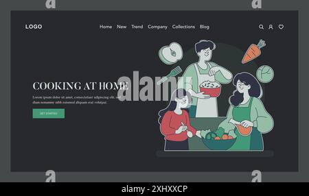 Healthy Cooking at Home concept. A family prepares a meal together with fresh ingredients. Bonding over food preparation, wellbeing lifestyle. Vector illustration. Stock Vector