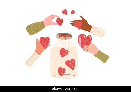 Donation box with diverse giving hands isolated on white background. Charity concept. Vector hand drawn illustration Stock Vector