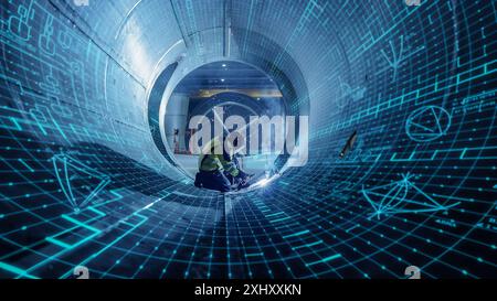 Industrial 4.0 Digital Visualization Concept: Heavy Industry Welder Working, Welding Inside Pipe. Construction of NLG Natural Gas and Fuels Transport Pipeline. Future of Clean Green Power and Energy Stock Photo