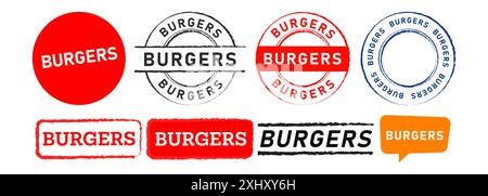 burgers rubber stamp and speech bubble for food delicious snack meal Stock Vector