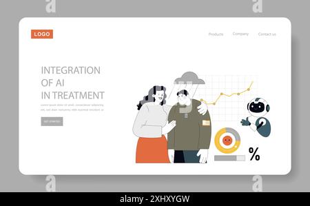 AI in Healthcare concept. Vector illustration of a healthcare worker, patient, and AI robot with treatment data analytics. Stock Vector