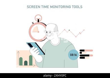Digital Detox concept. An individual managing screen time with monitoring tools, reflecting tech balance. Responsibly tracking digital usage. Vector illustration. Stock Vector