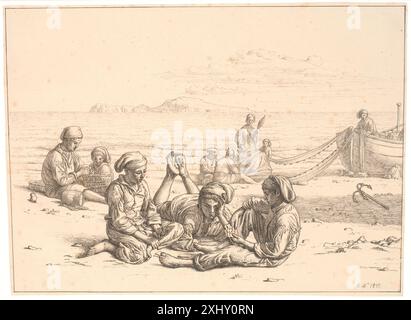 Christen Købke (1810–1848) drew Neapolitan fishing boys playing cards, with other fishermen working on nets. Capri appears in the background. Stock Photo