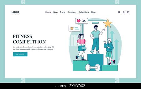 Health Gamification concept. Interactive fitness competition illustration with people on podiums, celebrating achievements. Vector illustration. Stock Vector