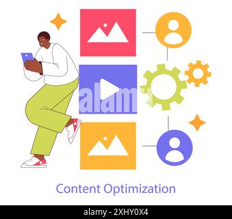 Digital Strategy concept. Man interacting with various social and content optimization icons. Seamless integration of technology in marketing. Vector illustration. Stock Vector