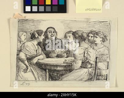Drawing depicting a monk holding playing cards with six women nearby, showing interaction and gesture. Stock Photo