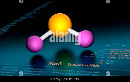 Na2S Sodium sulfide molecule model, dark display with molecule data. Na2S Sodium sulfide molecule model, dark display with molecule data. Science, chemical compound, research, education, chemical bond, element. img science002s05 chemical molecules Na2S sodium sulfide Stock Photo