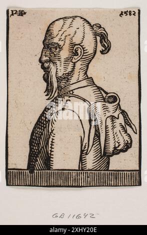 Bust of a man with a hanging moustache, a ponytail hangin down from the crown of his head and hat hanging suspended from a cord wound around his neck, the left side of the man's face is seen in profile Lorck, Melchior 1526 - 1583 Woodcut, Print Melchior Lorck, Erik Fischer, The Turkish Publication no. 120, C 46095, 2009. Hollstein's German engravings, etchings and woodcuts 1400-1700 (vol. XXII), Johann Leipolt to Melchior Lorch, Robert Zijlma, vol. XXII, nr. 59, 46482, 1978 Bust of a man with a hanging moustache, a ponytail hangin down from the crown of his head and hat hanging suspended from Stock Photo