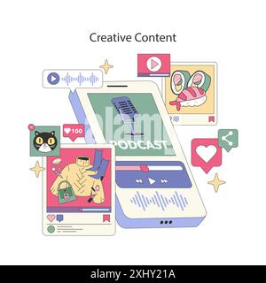 Digital Strategy concept. Various devices showcasing podcasts, videos, and social media engagement. Multimedia creation, online sharing and audience interaction. Vector illustration. Stock Vector