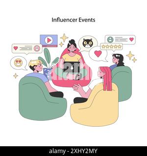 Social Influencers concept. Three digital creators engaging with content and audience in an informal setup. Social media interaction and brand promotion. Vector illustration. Stock Vector
