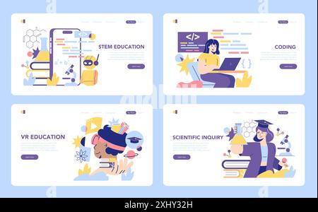 STEM education set. Engaging visuals representing technology and science learning. Interactive coding, virtual reality, and scientific research. Vector illustration. Stock Vector