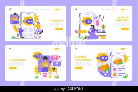 Mobile AI set. User interaction with innovative artificial intelligence apps. Diverse characters engaging with voice, translation, and photo recognition services. Vector illustration. Stock Vector