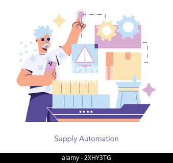 Purchasing Innovation concept. Person optimizing supply chain with digital tools. Automated procurement process boosts efficiency. Vector illustration. Stock Vector