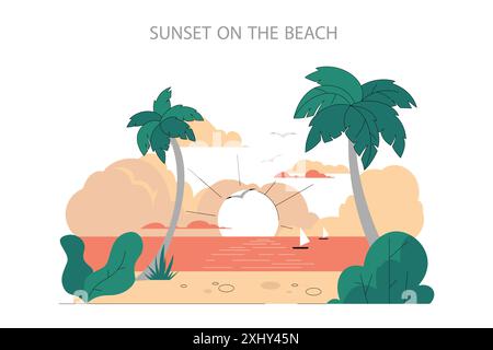 Summer Beach Sunset concept. Tranquil scene with the sun setting over the ocean, silhouetted palm trees, and distant sailboat. Calm evening escapade. Vector illustration. Stock Vector